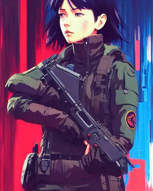 Prompt: girl wearing in tactical gear | | audrey plaza, fine detail!! anime!! realistic shaded lighting!! dramatic!! poster by ilya kuvshinov katsuhiro otomo ghost - in - the - shell, magali villeneuve, artgerm, jeremy lipkin and michael garmash and rob rey