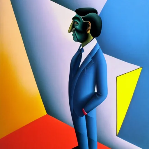 Image similar to ultra realistic portrait ofa man in suit in a studio, ultra detailed, under blue, red and yellow cinematic lighting, salvador dali, cartoon, monument valley, escher