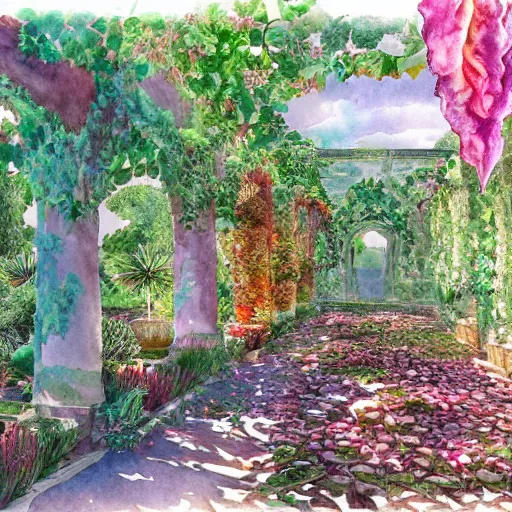 Image similar to delicate garden on paper floating puffy vines botanical herbarium botanic watercolors iridescent 8 k wide angle realistic artstation italian rainbow colonnade oak pinecone architecture pompeii