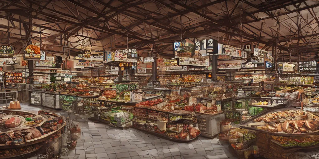 Image similar to deep 3 point perspective, seafood supermarket Inside the three-story gothic museum, dramatic lighting, photorealistic, wolumetric lighting, high detail, cinematic feel, wideshot, high octane, 4K, Unreal Engine, digital render, intricate, ultra realistic