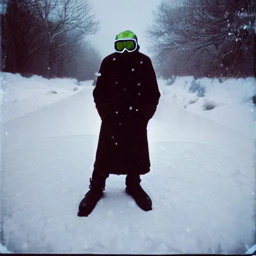 Image similar to photo, old black man wandering in the snow, moncler jacket, ski goggles, wild unkempt hair, mischevious grin, portrait, cold color temperature, snow storm. hazy atmosphere. humidity haze. kodak ektachrome, greenish expired film, award winning, low contrast