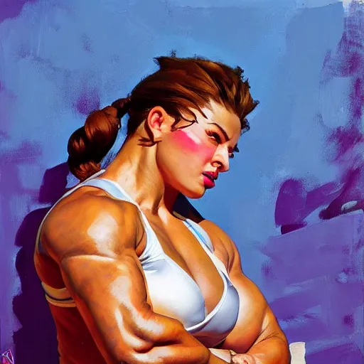 Image similar to greg manchess portrait of weightlifter zarya from overwatch, medium shot, asymmetrical, profile picture, organic painting, sunny day, matte painting, bold shapes, hard edges, street art, trending on artstation, by huang guangjian and gil elvgren and sachin teng