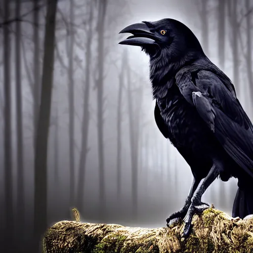 Image similar to mixture between an! crow and wolf, photograph captured in a dark forest, realistic