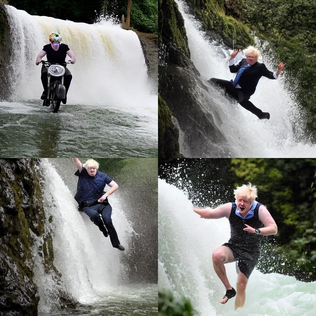 Prompt: boris johnson riding down a waterfall