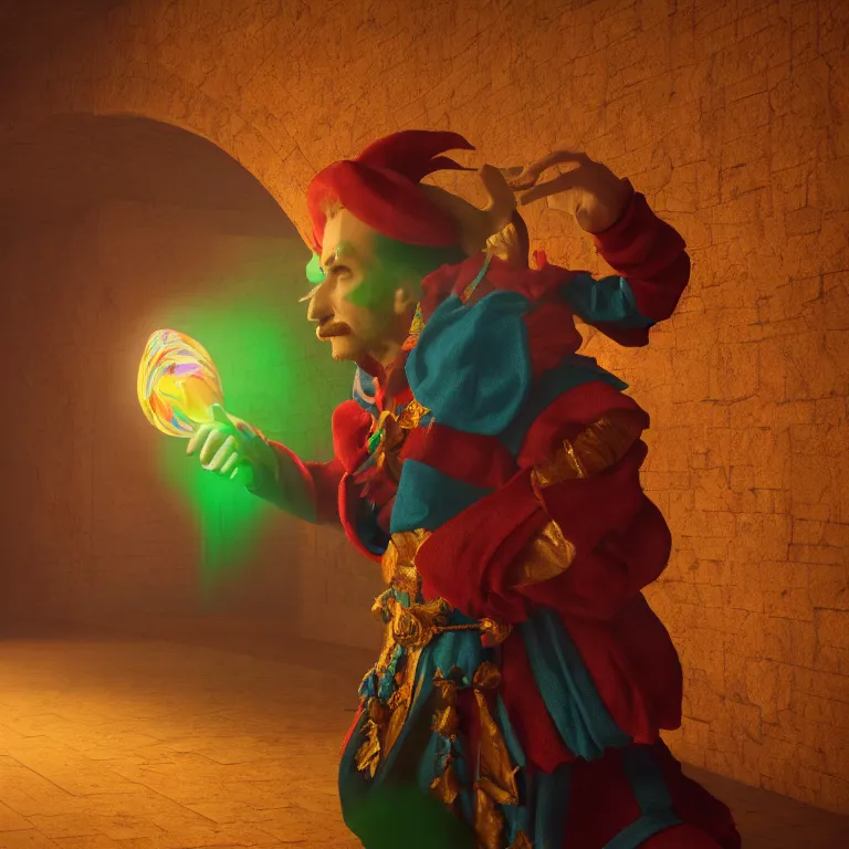 Prompt: a cinematic shot of man wearing jester harlqequin fool costume, colorful, octane render, volumetric lighting, nvidia raytracing demo, by Andy Thomas, Mario Martinez, Daniel Mirante, Gustave Dore, Artstation, CGsociety, masterpiece