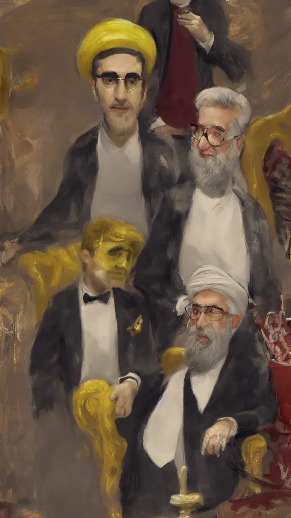 Image similar to spongebob beside ali khamenei by john singer sargent, cinematic, detailed