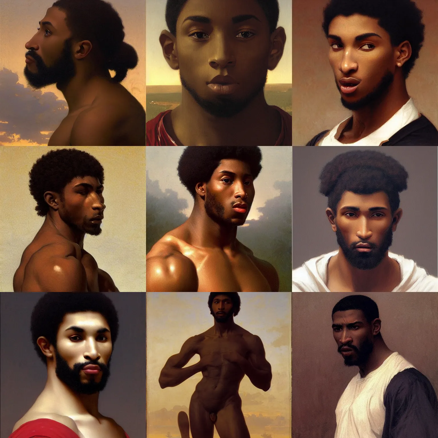 Prompt: Alfric Overguard, An athletic black man with a wide nose, calm expresison, alert eyes, large lips, and a strong jaw. Art by William-Adolphe Bouguereau. During golden hour. Extremely detailed. Beautiful. 4K. Award winning.