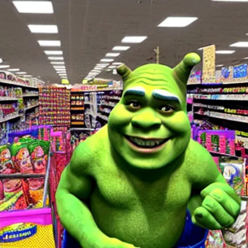 Image similar to shrek shopping at walmart