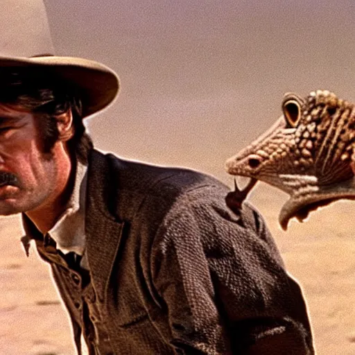 Prompt: still from a 1970's western movie starring mice and lizards