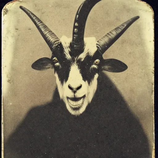 Image similar to daguerreotype photo of a man with a goat head, demonic, horror