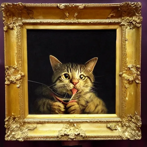 Prompt: Rembrandt painting of a cat eating a big sandwich