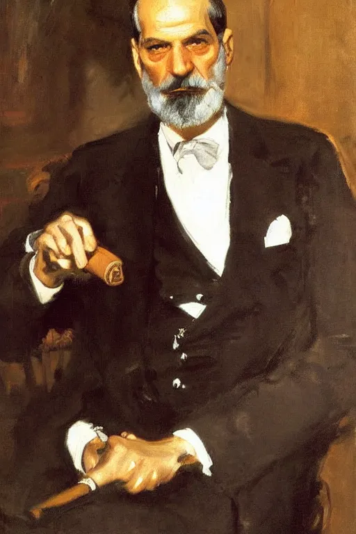 Prompt: portrait of sigmund freud, holding cigar, by john singer sargent, detailed, impressive, freudian