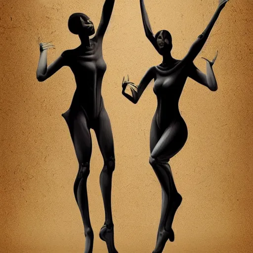 Prompt: Two elegant humanoid creatures, stuck back to back, fused at the shoulders dancing on their pointy limbs. Award-winning digital art, trending on ArtStation