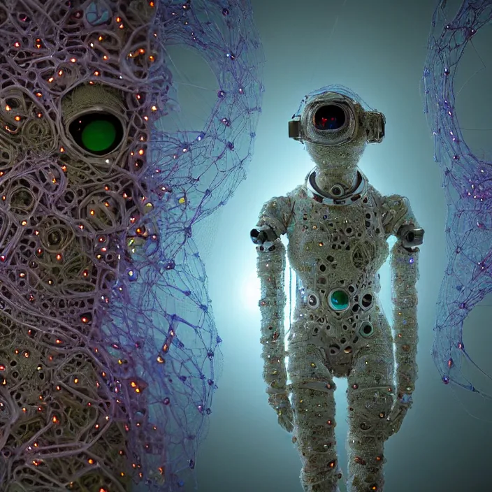 Image similar to a cybernetic symbiosis of a single astronaut mech-organic eva suit made of pearlescent wearing knitted shiny ceramic multi colored yarn thread infected with diamond 3d fractal lace iridescent bubble 3d skin dotted covered with orb stalks of insectoid compound eye camera lenses floats through the living room, film still from the movie directed by Denis Villeneuve with art direction by Salvador Dalí, wide lens,kevlar,carbon fiber,ceramics,gaseous materials,