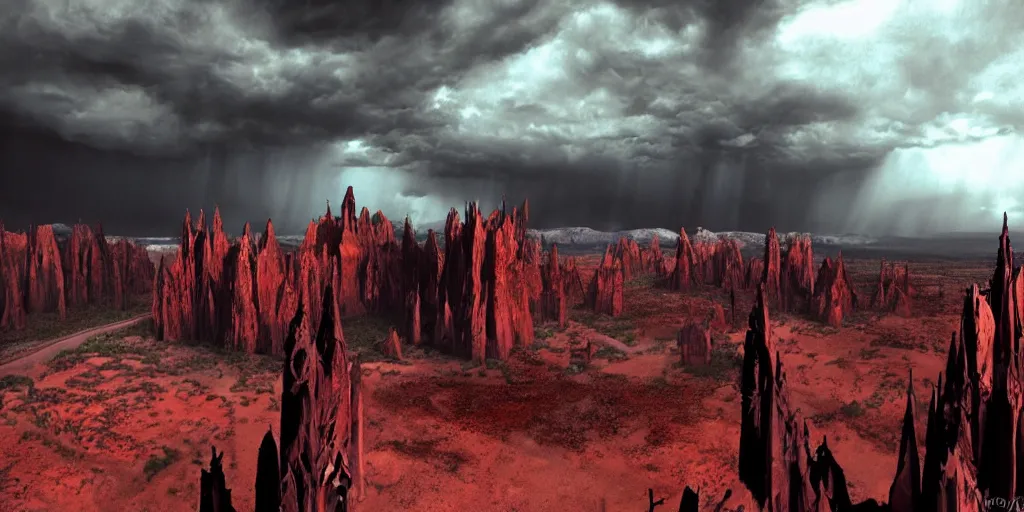 Prompt: dramatic still of a dark gothic cathedral, cathedral, gothic architecture, gothic windows, rendered by pixar, concept art, pixar, studio ghibli, gothic architecture, top of a red rock canyon, red rock strata, aerial view, atmospheric, stormy, dramatic sunset, clouds, crepuscular rays, moody, bram stoker, dark, cinematic, volumetric lighting, 8K