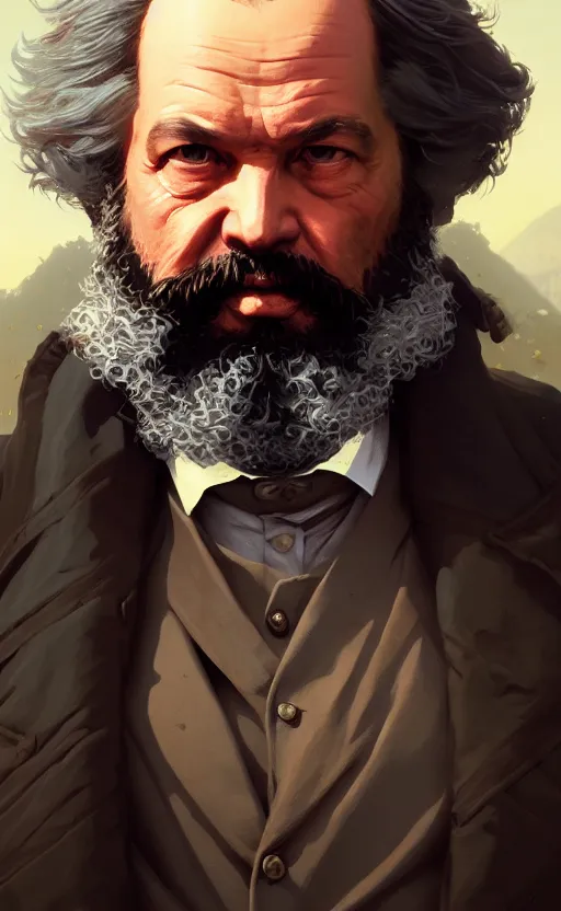 Image similar to highly detailed portrait of karl marx in gta v, stephen bliss, unreal engine, fantasy art by greg rutkowski, loish, rhads, ferdinand knab, makoto shinkai and lois van baarle, ilya kuvshinov, rossdraws, tom bagshaw, global illumination, radiant light, detailed and intricate environment