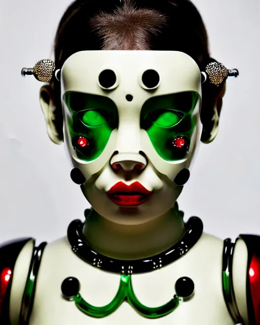 Prompt: symmetrical portrait of a cyborg wearing a silicone swarovski studded red beauty mask and green hair buns, wearing a black bodysuit armour by alexander mcqueen, cream white background, soft diffused light, biotechnology, humanoid robot, bjork aesthetic, translucent, by rineke dijkstra, intricate details, highly detailed, masterpiece,