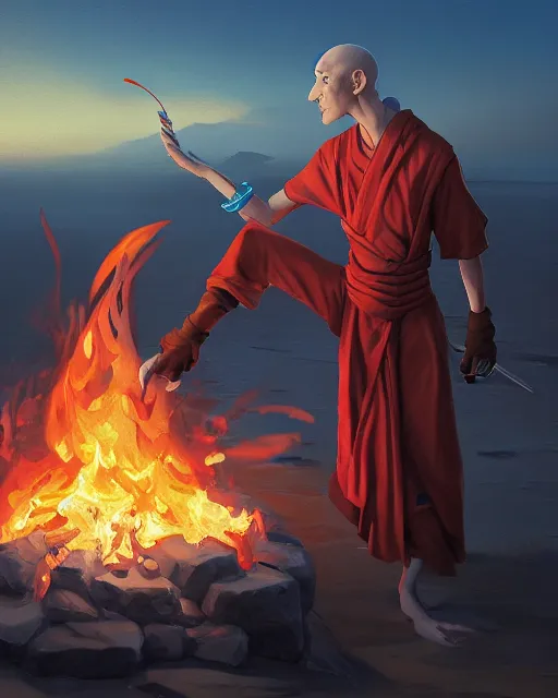 Image similar to [ squidward ] wearing fire nation clothing and practicing firebendingoutside at susnset, oil painting, highly detailed, intricate, hd, sharp focus, photorealistic, by moebius and greg rutkowski, trending on artstation, trending on cgsociety, realistic shading and lighting