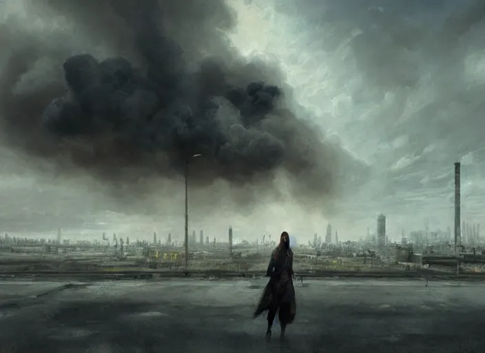 Prompt: mysterious sad girl wrapped in smoke observing a big industrial city metropoli in the distance, cloudy sky, by greg rutkowski