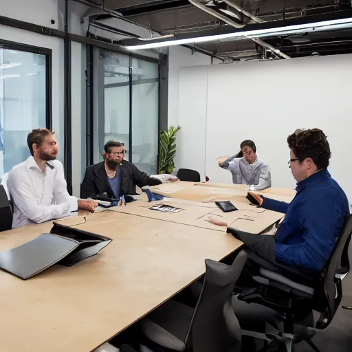 Prompt: meeting at northforge fabrication lab, 4k, boardroom table, five people, press photo, angry discussion,