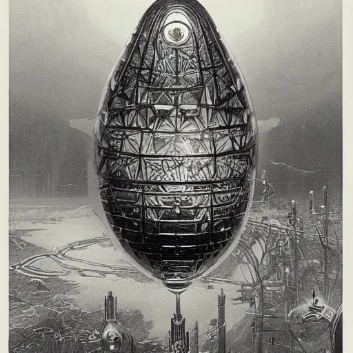 Image similar to enormous flying city in a faberge egg, sky, steampunk, fantasy art, masterpiece, hugh ferriss