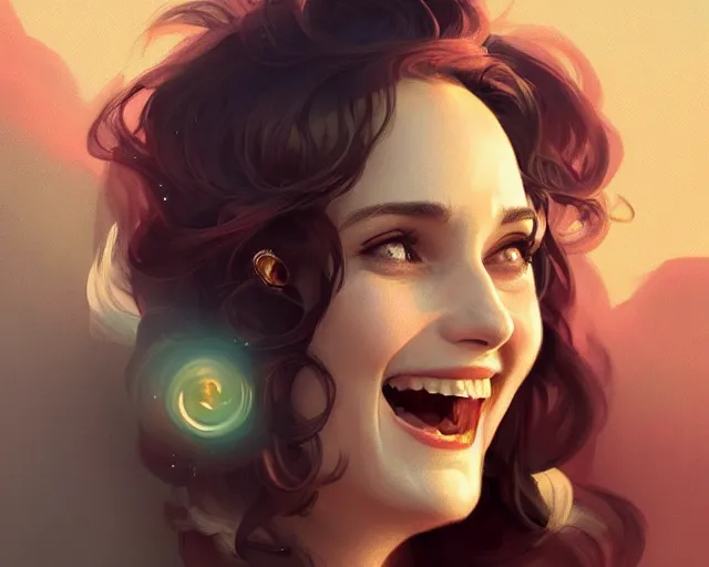 Image similar to winona ryder laughing and smiling, photography of kurzgesagt, deep focus, d & d, fantasy, intricate, elegant, highly detailed, digital painting, artstation, concept art, matte, sharp focus, illustration, hearthstone, art by artgerm and greg rutkowski and alphonse mucha