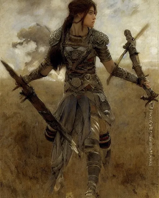 Prompt: a beautiful and strong female warrior by Edgar Maxence, Ross Tran and Jules Bastien-Lepage
