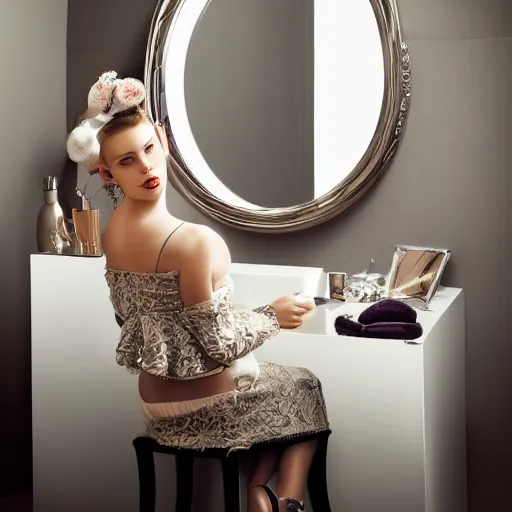 Image similar to a beautiful woman sitting at a vanity in front of a mirror, beautiful face, fashion photography, elegant furniture