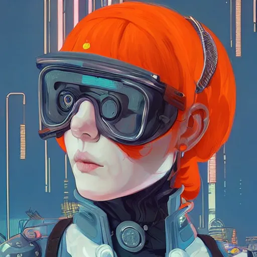 Image similar to a woman with orange hair and a white helmet, cyberpunk art by james jean, featured on cgsociety, retrofuturism, futuristic, dystopian art, ilya kuvshinov