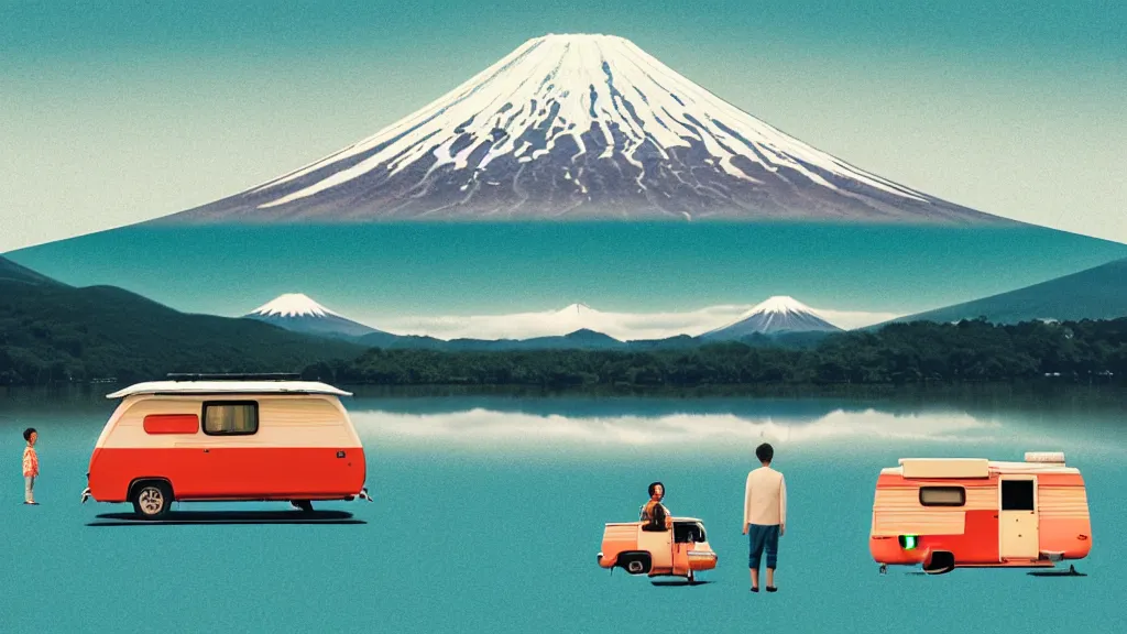 Prompt: a scene of two travellers and their camper touring at yamanaka lake, reflecting mount fuji, japan, a collage painting, in the style of wes anderson, lola dupre, david hockney, isolated on negative white space background dark monochrome neon spraypaint accents volumetric octane render