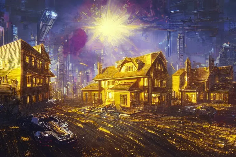 Prompt: cyberpunk, an estate agent listing external photo of a golden 5 bedroom detached house, made of gold, metal, golden, sparkling, in the countryside, sunny day, clear skies, by Paul Lehr