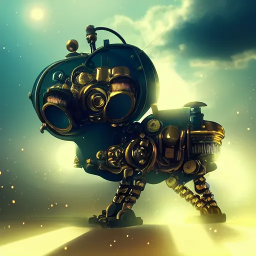 Image similar to a steampunk robotic cat, retro, steam, extremely detailed, particles, cinematic lighting, anime, clouds, sky, lush, beautiful,