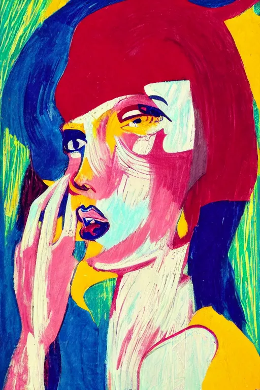 Prompt: 🤤 girl portrait, abstract, rich in details, modernist composition, coarse texture, concept art, visible strokes, colorful, Kirchner, Gaughan, Caulfield, Aoshima, Earle