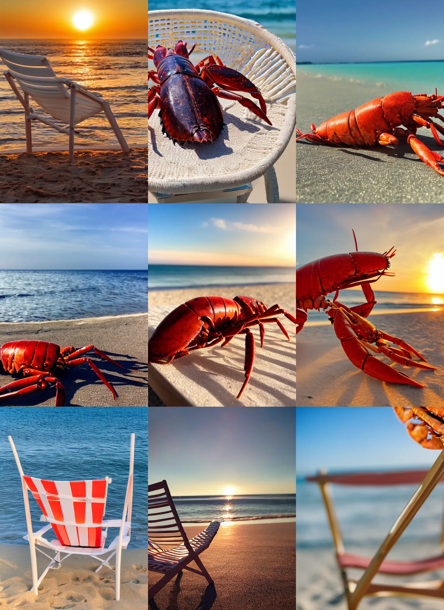 Prompt: close-up photo of a lobster sunbathing in a white chair at the beach, golden hour, Breathtaking, 8k resolution, extremely detailed, beautiful, establishing shot, artistic