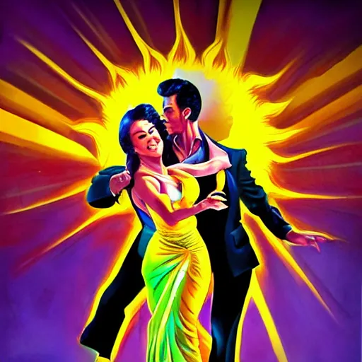 Image similar to The sun is exploding while Latino Cubans Dancers Salsa Dancing by Stanley Artgerm Lau, sun exploding on the background, Gesture draw, Salsa Social Dance, couple, lady using yellow dress, guy using the purple fancy suit, Salsa tricks, explosive background, WLOP, Rossdraws, Gesture draw, James Jean, Andrei Riabovitchev, Marc Simonetti, and Sakimichan, trending on artstation