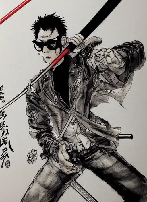 Prompt: travis touchdown swinging a beam katana, by takehiko inoue and kim jung gi, masterpiece ink illustration