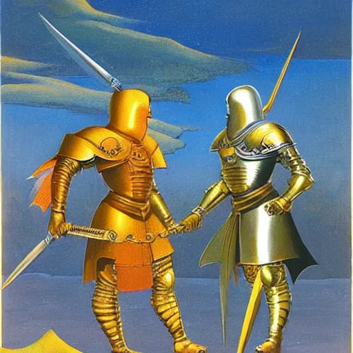 Image similar to a painting of shining metal medieval armors soldiers by bruce pennington nicholas roerich, by frank frazetta, by amazon, by georgia o keeffe, reflective metallic