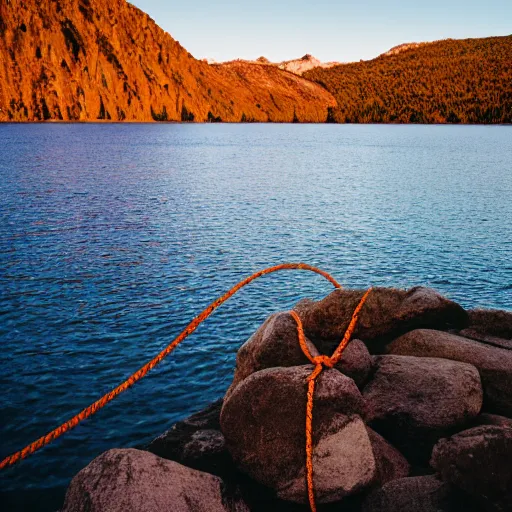 Image similar to cinematic wide shot of a lake with a rocky foreground, sunset, a bundle of rope is in the center of the lake, leica, 2 4 mm lens, 3 5 mm kodak film, f / 2 2, anamorphic