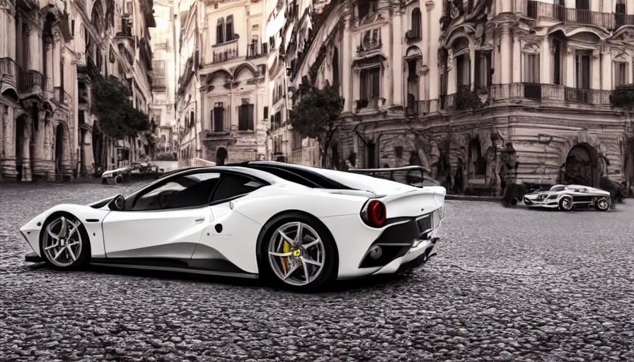 Image similar to White shinny Ferrari in Roma, hyperdetailed, artstation, cgsociety, 8k
