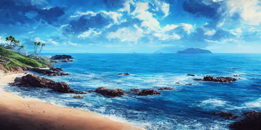 Prompt: a coastal landscape under a sunny blue sky with ocean in the foreground, hyper detailed, digital art, trending in artstation, cinematic lighting, studio quality, smooth render, unreal engine