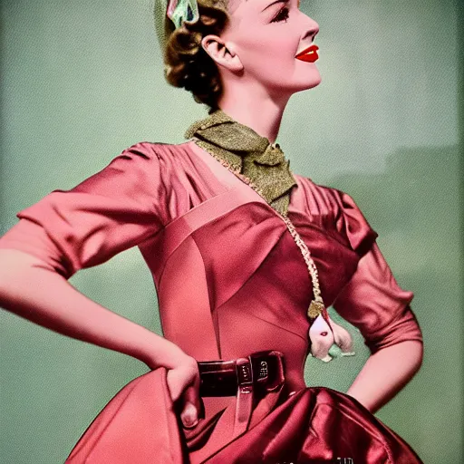 Image similar to a vintage 1 9 4 0 s kodachrome photograph of a avent - gard fashion haute couture collection winter traveling outfit ensemble inspired by the greek muse, erato.