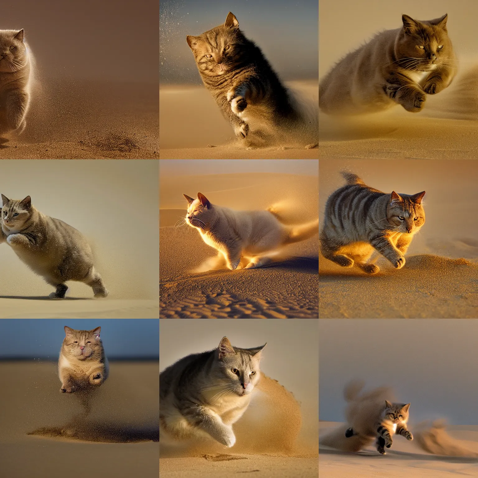 Image similar to award winning wildlife photography, a fat house cat merging from the sand, high midair shot, running towards the camera, straight shot, high shutter speed, dust and sand in the air, wildlife photography by Paul Nicklen, shot by Joel Sartore, Skye Meaker, national geographic, perfect lighting, blurry background, bokeh