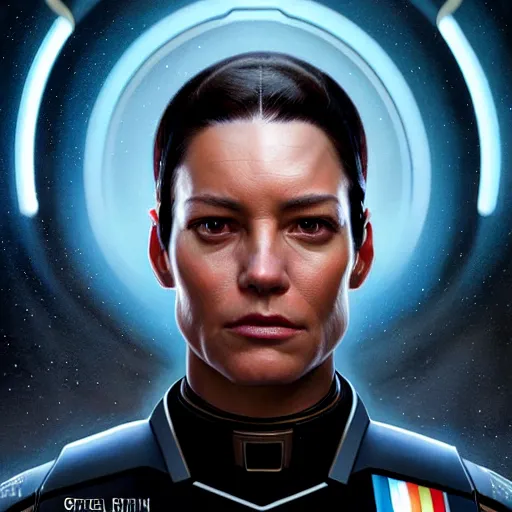 Image similar to UHD Photorealistic Felline-human hybrid Starfleet Officer wearing a spacesuit with hyperrealistic, correct details, cosmic dynamic lighting, symmetrical face, accurate face, by Greg Rutkowski