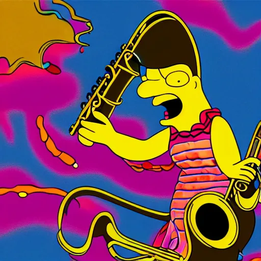 Image similar to Lisa Simpson falling into a giant saxophone, psychedelic art, uhd, matte painting