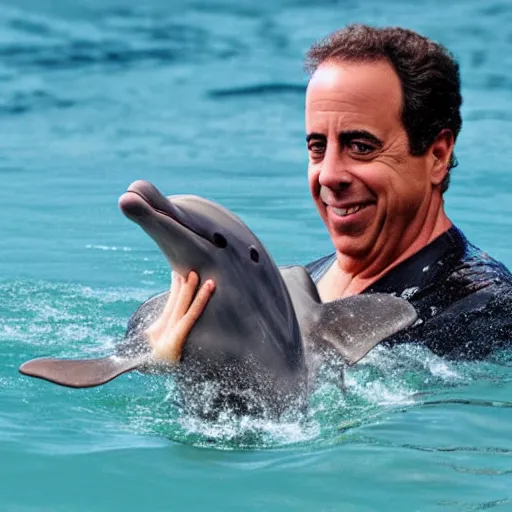 Image similar to jerry seinfeld swimming with a dolphin