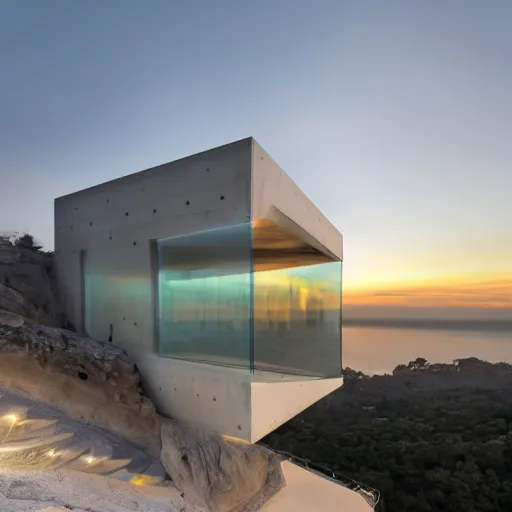 Prompt: extremely detailed non-Euclidean stunning sophisticated very thin beautiful house of 6 levels on a cliff, stunning volumetric light, sunset, multi-colored concrete and glass and translucent material, stunning skied, 8k