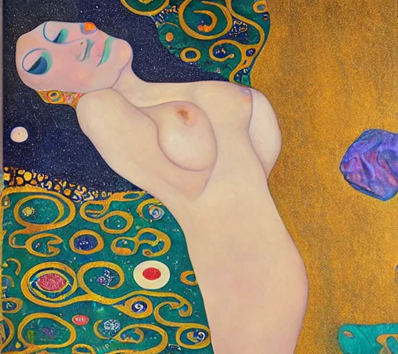 Image similar to a river of bodies and nebula and jewels, by Georgia O keeffe, by Gustav klimt