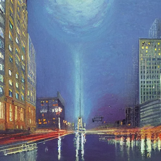 Image similar to impressionistic full - color painting of a distorted mirror reflecting a nightmarish boston downtown skyline in 1 9 2 5 at night with a horrifying sky, aerial view, dark, brooding, night, atmospheric, horror, cosmic, ultra - realistic, smooth, highly detailed by dave dorman