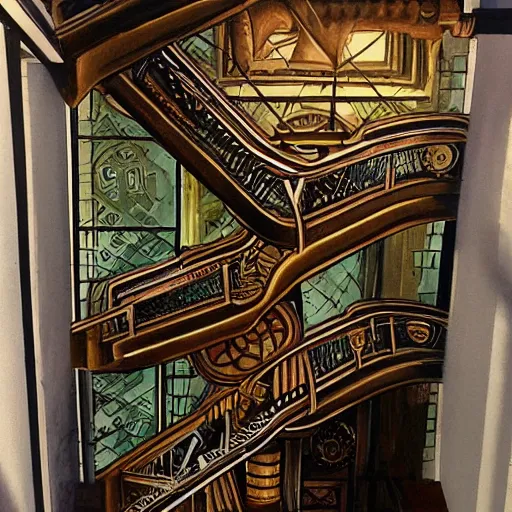 Prompt: Steampunk escher stairwell painting