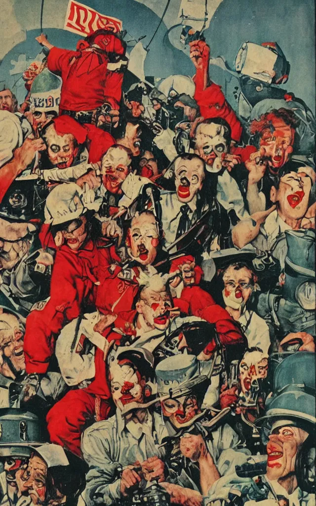 Image similar to clown fight, in the style of norman rockwell, cold war, propaganda poster, sci - fi illustrations, highly detailed, award - winning, patriotic, soviet, ussr, dark, gritty, ink